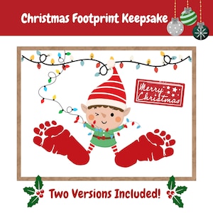 May include: A Christmas-themed keepsake featuring a cartoon elf with red footprints and a string of lights. The image includes the text "Christmas Footprint Keepsake" and "Merry Christmas". Two versions are included.