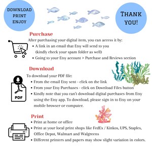 May include: A digital download guide with instructions on how to purchase, download, and print a PDF file from Etsy. The image includes watercolor illustrations of fish, seaweed, and coral, along with the text "Download, Print, Enjoy" and "Thank You!"