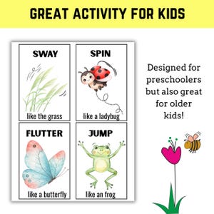 以下が含まれることがあります： 子供向けの教育活動で、4枚のイラストカードがあります。「Sway like the grass」、「Spin like a ladybug」、「Flutter like a butterfly」、「Jump like an frog」と表示されています。「Great Activity for Kids」のテキストが上部にあり、子供向けに設計されています。