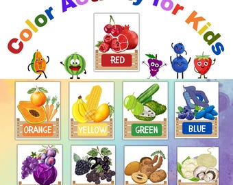 Actividad de clasificación de colores para niños: aprende los colores con frutas y verduras. Juego educativo preescolar, ideal para el hogar y el aula.