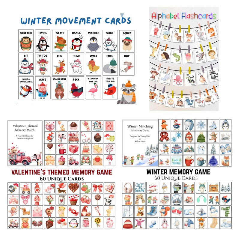 May include: A collection of educational cards for children. The image shows alphabet flashcards, winter movement cards, and memory games with Valentine's and winter themes. The cards feature colorful illustrations of animals, winter scenes, and Valentine's Day elements.