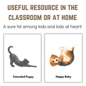 May include: Educational resource with text "USEFUL RESOURCE IN THE CLASSROOM OR AT HOME" and "A sure hit among kids and kids at heart!". Includes illustrations of a stretching gray cat and a playful beagle puppy.