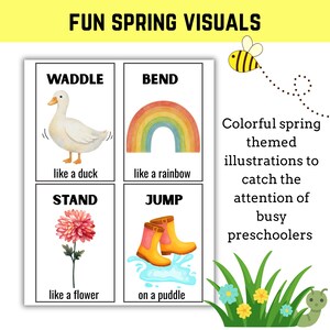 以下が含まれることがあります： アヒル、虹、花、長靴のイラストが描かれた、春をテーマにしたカラフルな教育ポスター。「WADDLE」、「BEND」、「STAND」、「JUMP」の文字と、「like a duck」や「on a puddle」などの説明文が含まれています。蜂と草も描かれています。