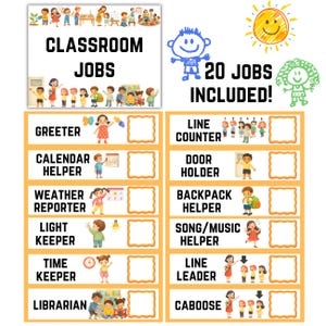 May include: A classroom jobs chart featuring the text CLASSROOM JOBS and 20 JOBS INCLUDED. The chart lists various roles like Greeter, Calendar Helper, and Line Leader, each accompanied by a cartoon illustration and a blank square for tracking.