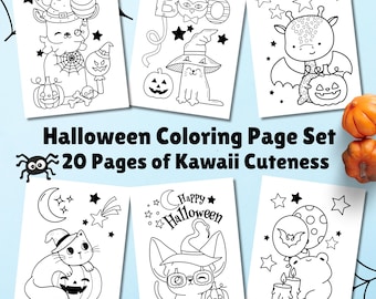 Disegni da colorare di Halloween, Disegni da colorare di Halloween in stile Kawaii per bambini, Fogli di attività di Halloween stampabili, Disegni da colorare spettrali e carini per bambini