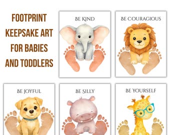 Op de afbeelding: Baby dieren affirmatie kunstafdrukken. Elke print bevat een schattige dierenillustratie met een positieve affirmatie en voetafdruk kunst. De tekst luidt "Baby Animal Affirmations", "Footprint Keepsake Art For Babies And Toddlers", "Be Kind", "Be Courageous", "Be Joyful", "Be Silly" en "Be Yourself".