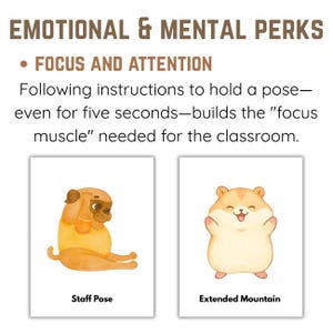 May include: Cards with illustrations of a pug and a hamster demonstrating yoga poses. The text reads "EMOTIONAL & MENTAL PERKS" and "FOCUS AND ATTENTION". The pug is in the "Staff Pose" and the hamster is in the "Extended Mountain" pose.