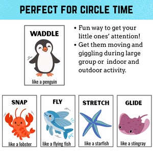 May include: Educational flashcards with the text "PERFECT FOR CIRCLE TIME". Each card features an animal and an action: waddle like a penguin, snap like a lobster, fly like a flying fish, stretch like a starfish, and glide like a stingray.