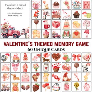 May include: A Valentine's themed memory match game with 60 unique cards. The cards feature various Valentine's Day themed illustrations, including teddy bears, hearts, cupcakes, and gnomes. The game's title and description are displayed on a white background.