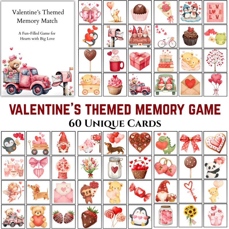 May include: A Valentine's themed memory match game with 60 unique cards. The cards feature various Valentine's Day themed illustrations, including teddy bears, hearts, cupcakes, and gnomes. The game's title and description are displayed on a white background.