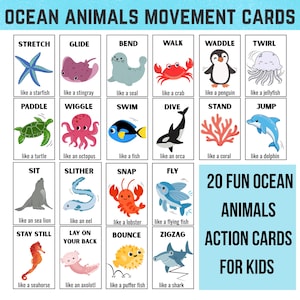 May include: Educational flashcards featuring ocean animals and their movements. Each card displays a colorful illustration of a sea creature, such as a starfish, octopus, or shark, along with a corresponding action word. The text reads "Ocean Animals Movement Cards" and "20 Fun Ocean Animals Action Cards For Kids."