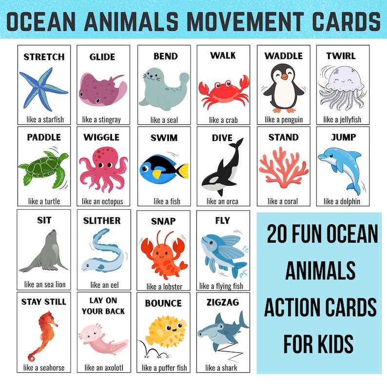 May include: Educational flashcards featuring ocean animals and their movements. Each card displays a colorful illustration of a sea creature, such as a starfish, octopus, or shark, along with a corresponding action word. The text reads "Ocean Animals Movement Cards" and "20 Fun Ocean Animals Action Cards For Kids."