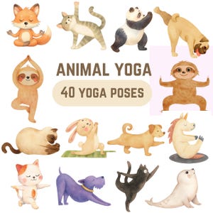 May include: Watercolor illustration featuring various animals in yoga poses. The image includes a fox, cat, panda, dog, sloth, rabbit, and more, all demonstrating different yoga positions. Text reads "ANIMAL YOGA" and "40 YOGA POSES".