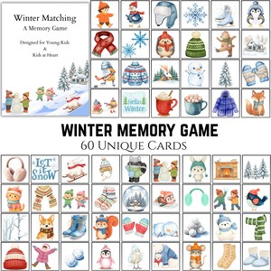 May include: A winter-themed memory game with 60 unique cards. The game features watercolor illustrations of winter scenes, including snowmen, animals, and winter clothing. The box reads "Winter Matching, A Memory Game, Designed for Young Kids & Kids at Heart."