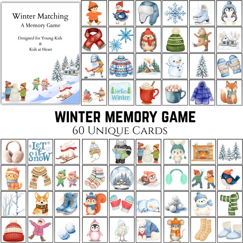 May include: A winter-themed memory game with 60 unique cards. The game features watercolor illustrations of winter scenes, including snowmen, animals, and winter clothing. The box reads "Winter Matching, A Memory Game, Designed for Young Kids & Kids at Heart."