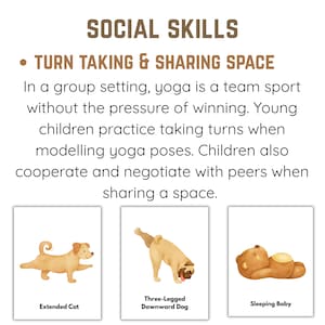 May include: Educational cards with the text "SOCIAL SKILLS" and "TURN TAKING & SHARING SPACE". The cards feature illustrations of yoga poses: "Extended Cat", "Three-Legged Downward Dog", and "Sleeping Baby".