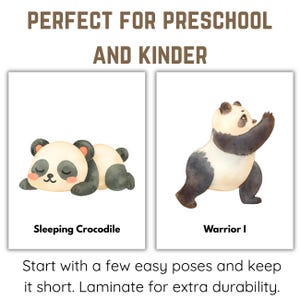 May include: Two cards with watercolor illustrations of pandas. One panda is sleeping, labeled "Sleeping Crocodile." The other is in a warrior pose, labeled "Warrior I." Text at the top reads "PERFECT FOR PRESCHOOL AND KINDER."