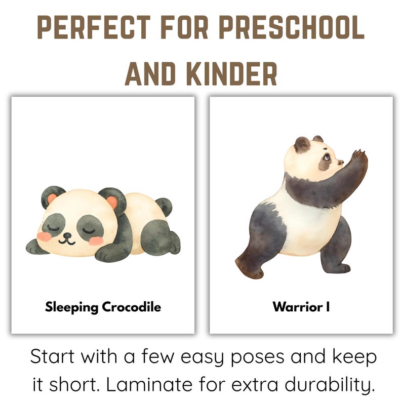 May include: Two cards with watercolor illustrations of pandas. One panda is sleeping, labeled "Sleeping Crocodile." The other is in a warrior pose, labeled "Warrior I." Text at the top reads "PERFECT FOR PRESCHOOL AND KINDER."