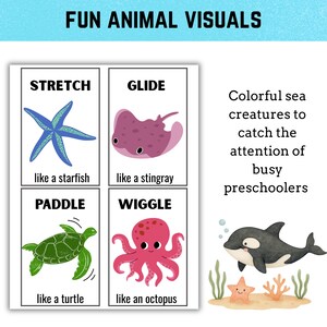 May include: Educational poster with the text "FUN ANIMAL VISUALS." It features colorful illustrations of sea creatures, including a starfish, stingray, turtle, and octopus. The text describes each animal's movement.