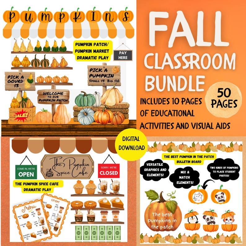 Paquete de otoño para el aula con juego dramático de calabazas, juego de simulación otoñal, tablón de anuncios, decoración otoñal y actividades para la educación en casa y preescolar. imagen 1