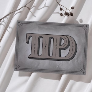 Peut inclure: Panneau rectangulaire avec les lettres "TOP" dans une police vintage. Les lettres sont marron clair avec des contours noirs et des éléments décoratifs. Le panneau a un fond gris et une bordure décorative.