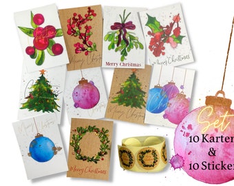 Weihnachtskarten Set, 10 Postkarten, für Weihnachtspost, Weihnachten, Merry Christmas, 10 Aufkleber für Geschenke