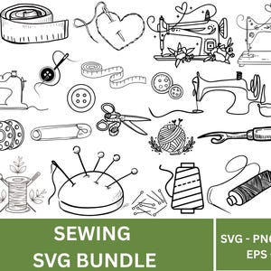 May include: Black and white line art illustrations of sewing tools and equipment, including sewing machines, measuring tape, scissors, needles, thread spools, and a pin cushion. The text "SEWING SVG BUNDLE" is displayed at the bottom.