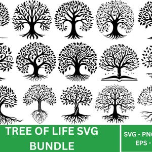 May include: A collection of black and white tree of life designs in various styles. The image includes multiple tree illustrations with detailed branches and roots. Text at the bottom reads "TREE OF LIFE SVG BUNDLE".