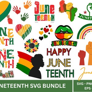Può includere: Una collezione di grafiche a tema Juneteenth in rosso, verde, giallo e nero. I disegni includono testo, cuori, pugni e una silhouette. Le parole "June Teenth" e "Juneteenth" sono ben visibili in vari font.
