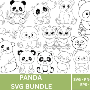 Paquete SVG de panda, paquete PNG, clipart de panda, lindo contorno de oso panda bebé kawaii SVG, silueta de panda, impresiones de camisetas SVG, archivos de corte y láser
