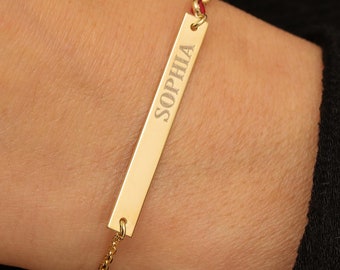 Personalized Gold Bar Bracelet with Birthstone, Sterling Silver