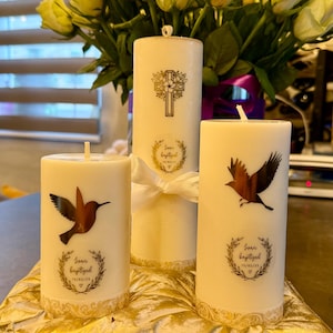 Taufkerzen-Set: Personalisierte religiöse Embleme, Sojawachs