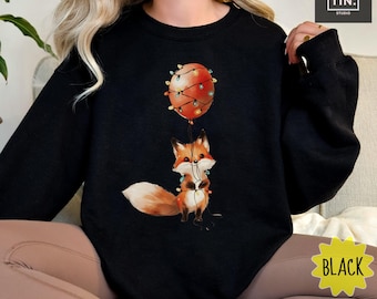 Cute Fox Sweatshirt with Balloon, Cozy Animal Print