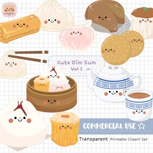 May include: A collection of cute, smiling dim sum illustrations, including dumplings, buns, and sesame balls. A white teapot with blue accents and a cup of tea are also featured. The text "Cute Dim Sum Vol 1" and "Commercial Use" are visible.