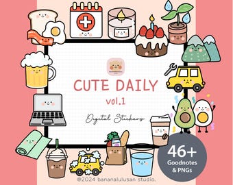 Pegatinas digitales de Daily Icon Vol. 1 / Pegatinas de Goodnotes / PNG precortado / Pegatinas de planificador diario / Pegatinas digitales Kawaii