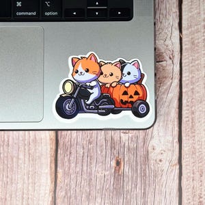 Kawaii Cats On A Motorcycle With A Pumpkin Side Cart Sticker | Halloween Art  Decor for  Laptops, Planners, Journals, and Water Bottles