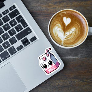 Kawaii Milk Box Carton Sticker with Pink Straw | Cute Food Decor, Glossy, Vinyl Decal for Laptop, Tablet, Journal, Planner, and Water Bottle