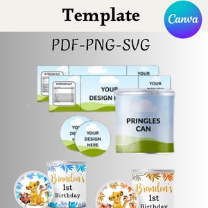 Puede incluir: Una plantilla digital para latas de patatas fritas, con una variedad de diseños. La imagen incluye una maqueta de lata de Pringles, junto con diseños de etiquetas circulares y rectangulares. El texto de la imagen incluye "Chip Can Canva Template" y "PDF-PNG-SVG".