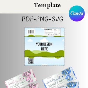 May include: Chocolate bar wrapper template with the text "Chocolate Bar Wrapper Template PDF-PNG-SVG". The design includes a space for customization, a QR code, and sample wrappers with text "bearly wait TO MEET YOU!" and a baby shower theme.