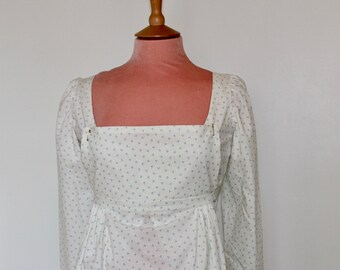 Readymade Regency Bib Front Gown, 2 sizes, Long sleeve, Blue Pin Dot Pattern