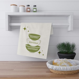 Spring Blossom Pyrex inspired kitchen towel, tea towel, crazy daisy, green pyrex, vintage pyrex