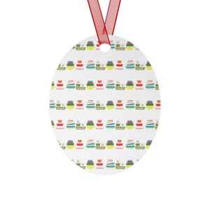 Vintage inspired Metal Christmas tree ornaments, Pyrex dots, spring blossom, fridgie, primary pyrex
