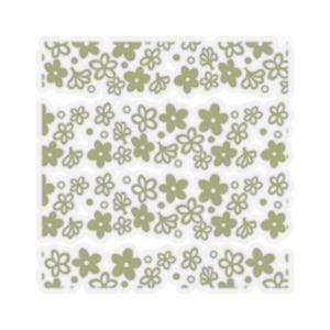 以下が含まれることがあります： 白い背景に緑色の花のステッカーが4列並んでいます。ステッカーは、小さな花と葉の繰り返しパターンを特徴としています。