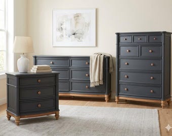 Aufgearbeitetes blau-graues Schlafzimmer-Set, Kommode, Schrank, Nachttisch (3-teilig)