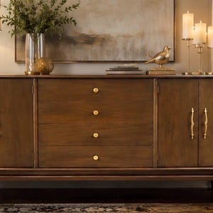 Mid-Century Walnut Sideboard Credenza | Brass Hardware, Refurbished Vintage Furniture