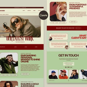 Puede incluir: Un diseño de sitio web para una agencia de marketing digital con una paleta de colores beige y verde y texto en rojo oscuro. El diseño incluye secciones para estudios de caso, testimonios de clientes e información de contacto.