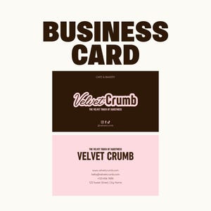 Bewerkbaar visitekaartjesontwerp in Canva, visitekaartje voor café, bakkerij en banketbakkerij, Velvet Crumb