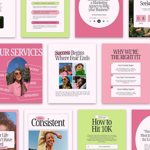 Può includere: Una raccolta di materiali di marketing rosa e verde con testo e immagini. I materiali includono le frasi "Our Services", "Success Begins Where Fear Ends" e "How to Hit 10K".