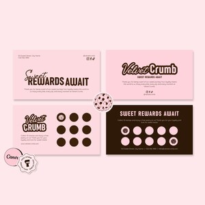 Modelo de design de cartão de fidelidade editável no Canva, programa de cartão de recompensas para cafeteria e padaria, Velvet Crumb