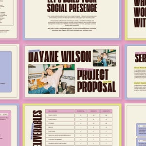 Op de afbeelding: Een digitaal projectvoorstel voor Dayane Wilson, met donkerbruine vette tekst op een crèmekleurige achtergrond met lichtpaarse en gele accenten. Het bevat secties voor social media diensten, deliverables en een maandelijkse contentstrategie.